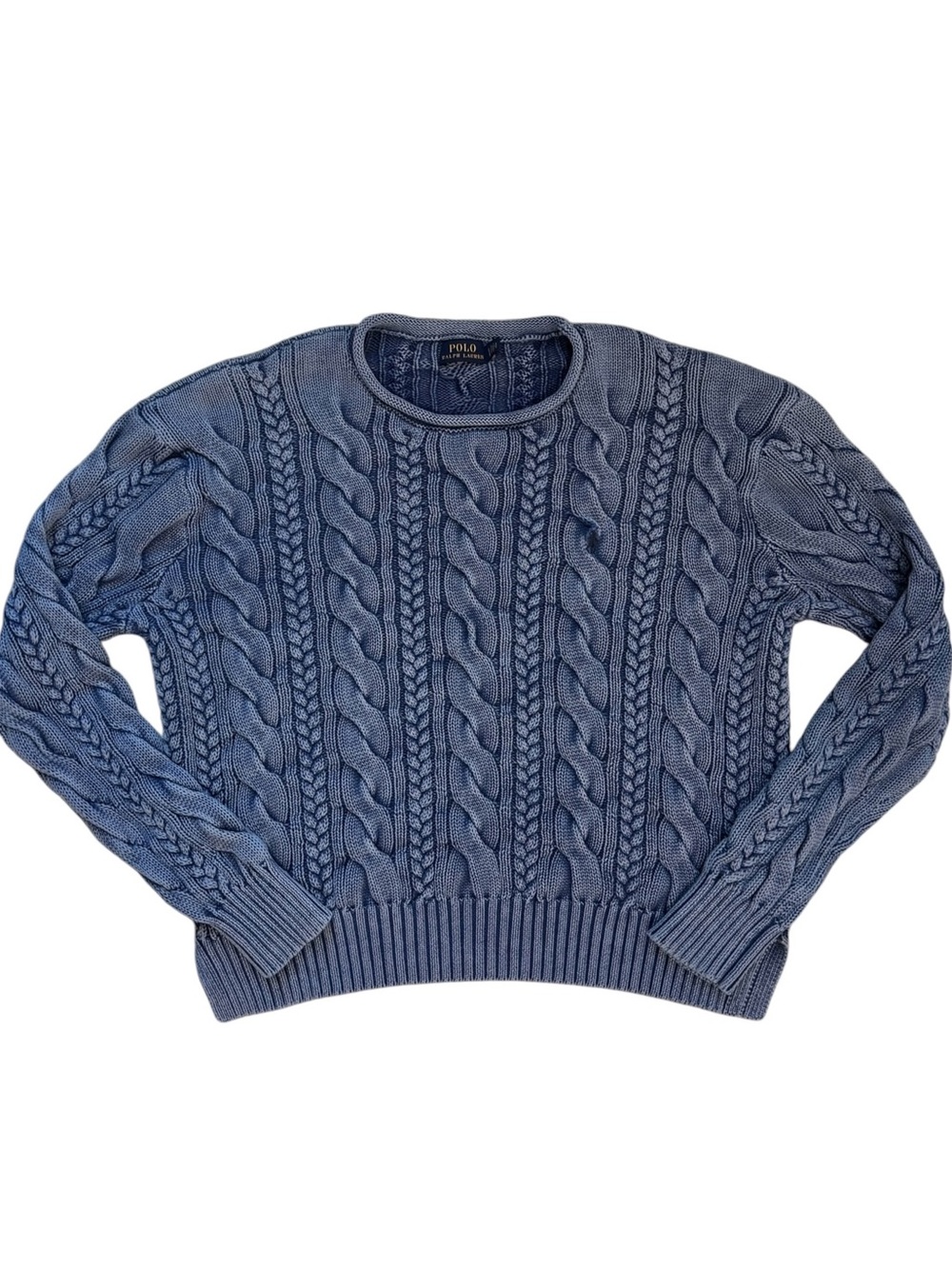 RARE Polo Ralph Lauren Indigo Blue Wash Thick Cotton Cable Knit Sweater Womens L